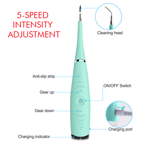 Mint green dental tool with a pointed cleaning head, labeled buttons, and a charging port.