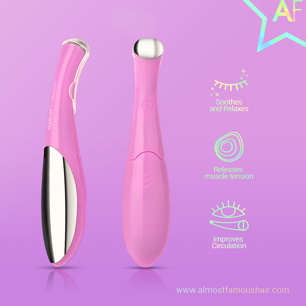 Two pink beauty wands on a purple background with icons and text about relaxation benefits.