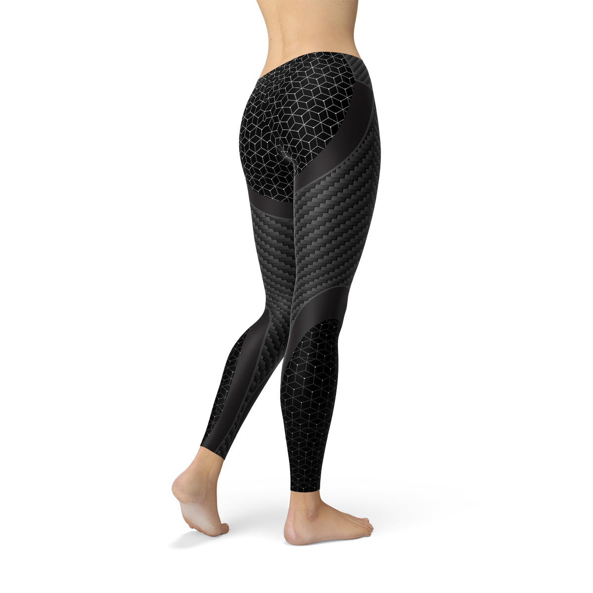 Black leggings with hexagonal and textured patterns, shown from the side on a neutral background.