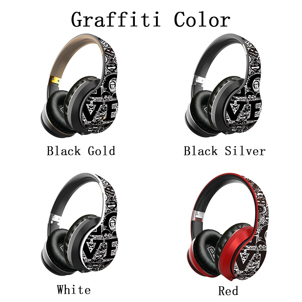 Four headphones with graffiti designs: Black Gold, Black Silver, White, and Red variations.