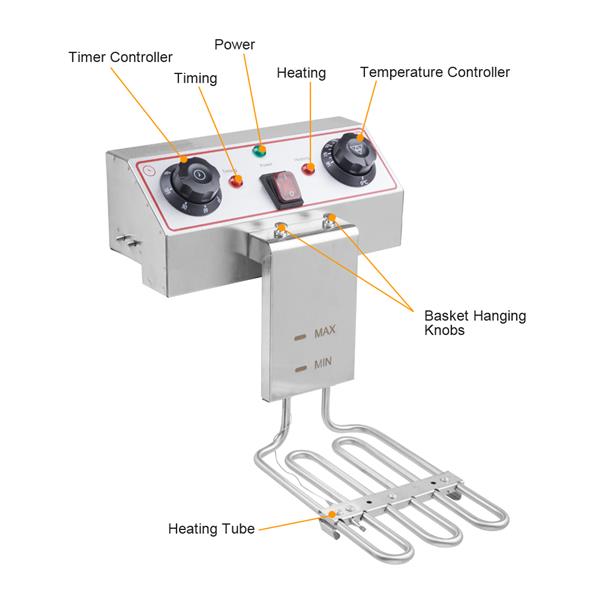 Metal fryer element with two black control knobs, labeled indicators, and coiled heating tubes.
