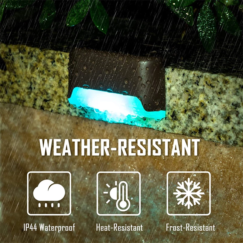 Glowing blue outdoor light on stone surface under rain; text reads "Weather-Resistant."