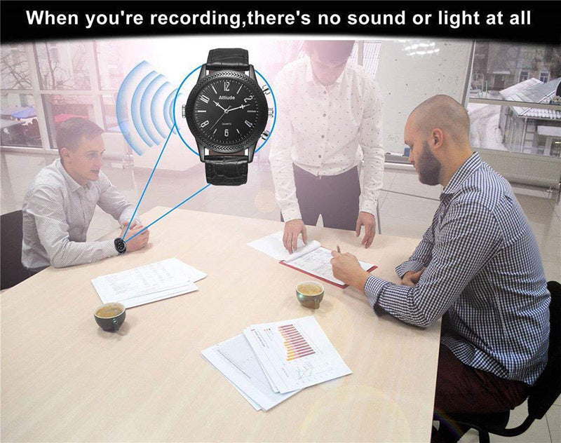 Three men at a table; a watch with sound waves is highlighted, displaying a recording feature.