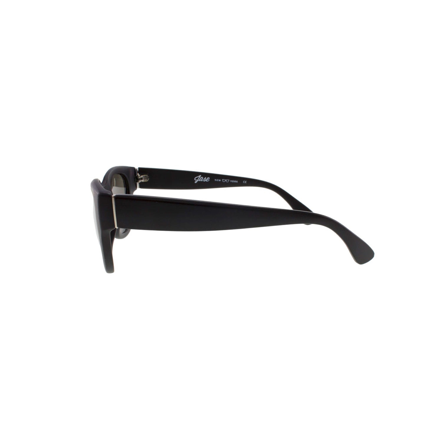 Side view of black rectangular sunglasses with thick arms and minimalist design on a white background.