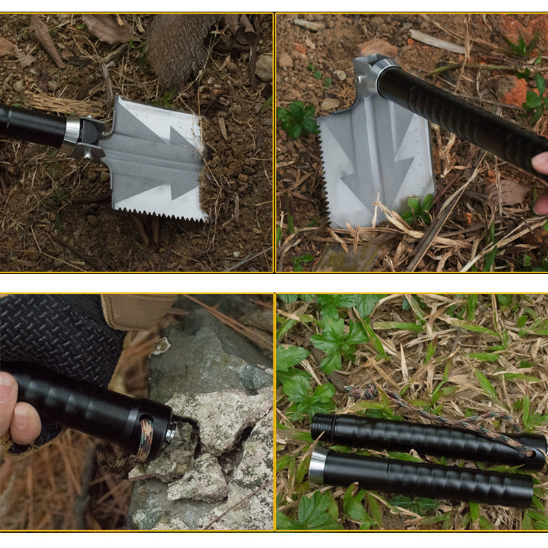Collage of a gray, serrated shovel head in dirt and detached black handles on grass.