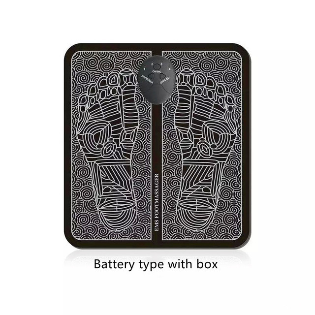 Black foot massager pad with white outlined foot design and swirling patterns, central control knob.