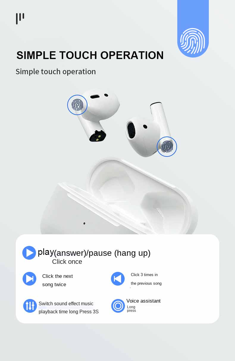 White wireless earbuds with touch controls, a charging case, and instructions overlay.