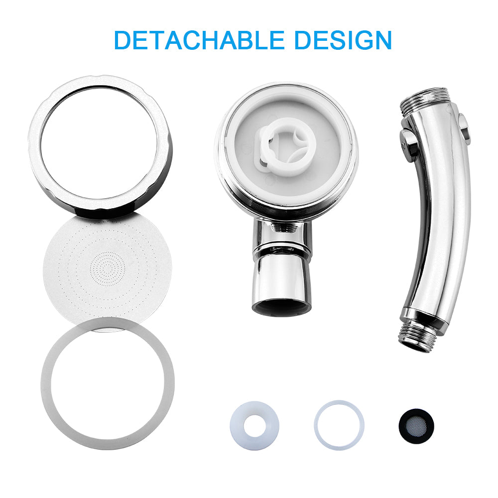 Exploded view of a silver detachable showerhead with white and black components on a white background.