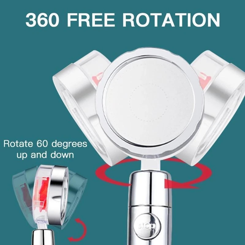 Silver faucet head with 360-degree rotation on teal background, highlighted in white and red.