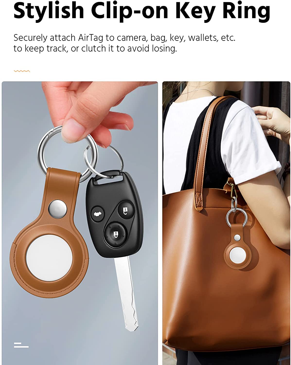 Brown key ring with AirTag shown on a key and clipped to a brown handbag.
