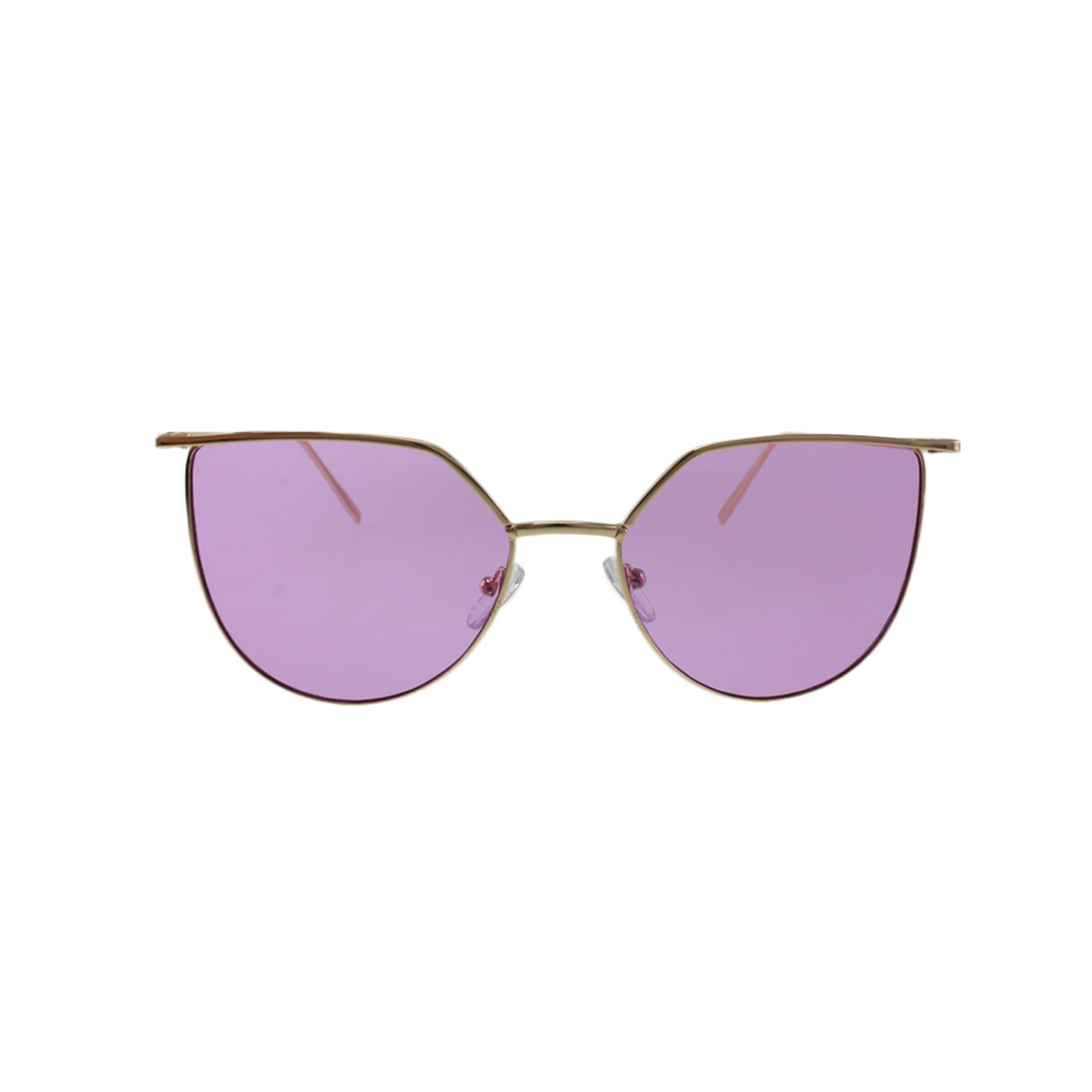 Gold-framed sunglasses with purple lenses on a white background.
