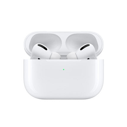 White wireless earbuds in an open charging case with a green indicator light.