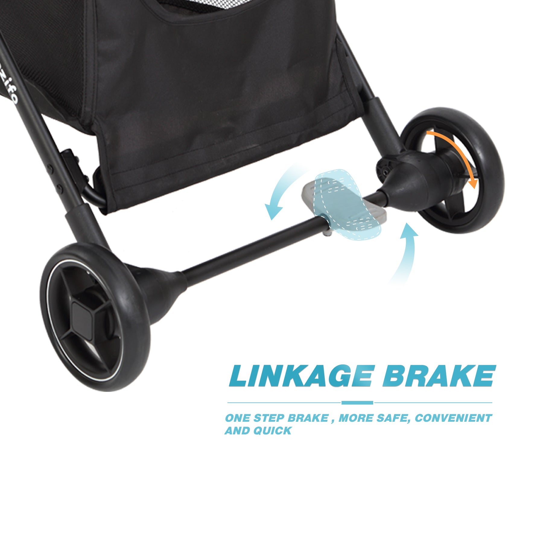 Black stroller with linkage brake system, featuring a one-step brake pedal and text explanation.