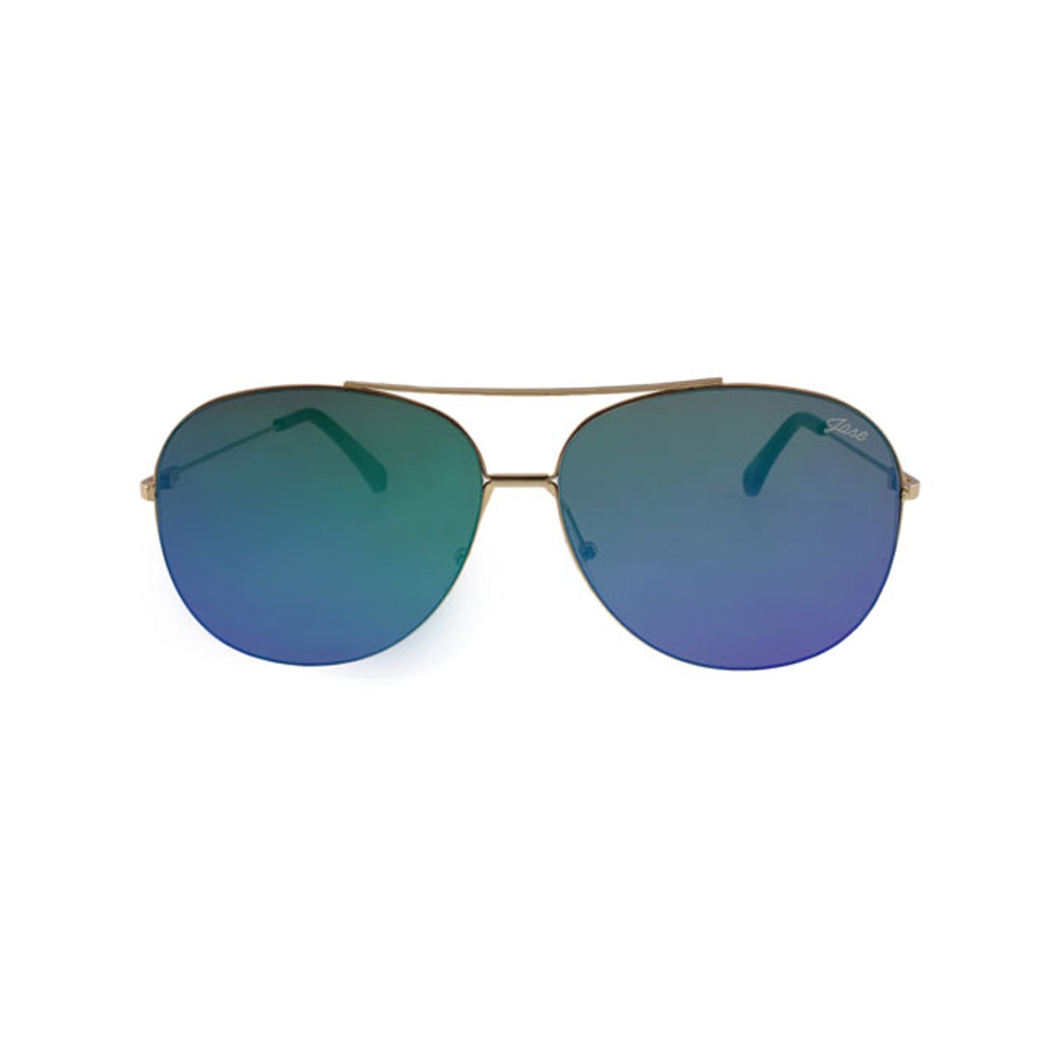 Aviator sunglasses with gold frames and blue-green gradient lenses on a white background.