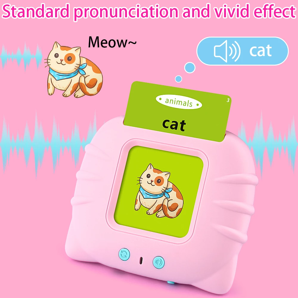 Pink device with cartoon cat image, green card reading "cat," blue sound wave graphic.