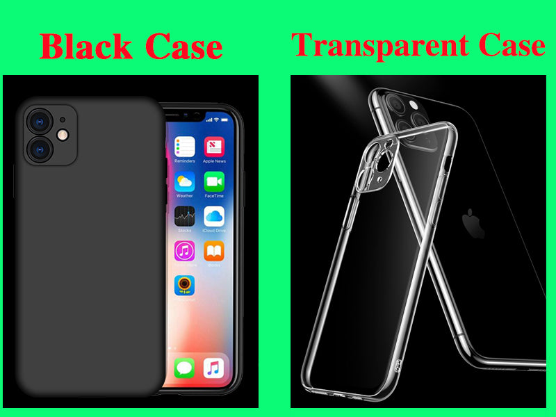 Black case on phone and transparent case beside phone on a green background with red text.