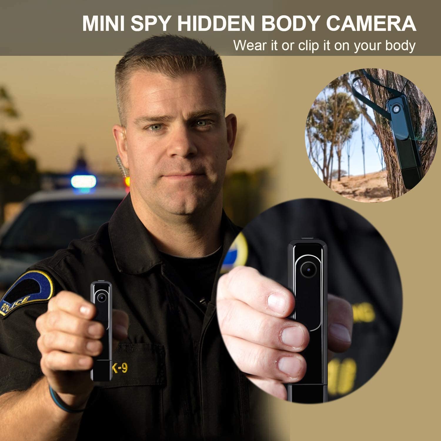 Police officer holding a small black spy camera; two close-ups show its portable design.