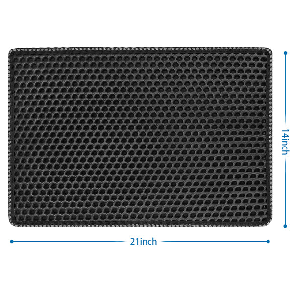 Black rectangular mesh mat, 21x14 inches, with hexagonal pattern.