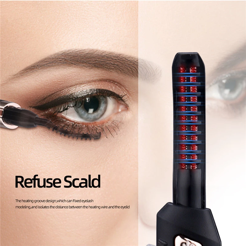 Close-up of a blue eye with black heated eyelash curler; text: "Refuse Scald."