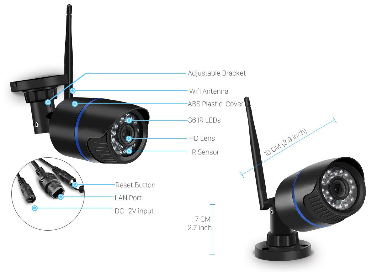 Black security camera with WiFi antenna, IR LEDs, HD lens, and ports labeled; dimensions shown.