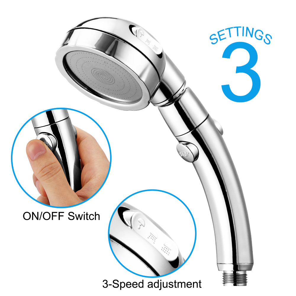 Chrome shower head with an on/off switch and 3-speed adjustment, labeled "Settings 3".