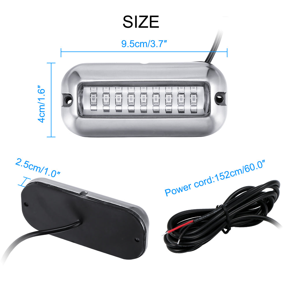 Silver LED light with dimensions labeled; black back and attached power cord coiled.