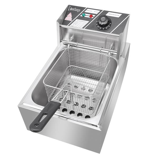 Stainless steel deep fryer with a mesh basket, control knob, and indicator lights.