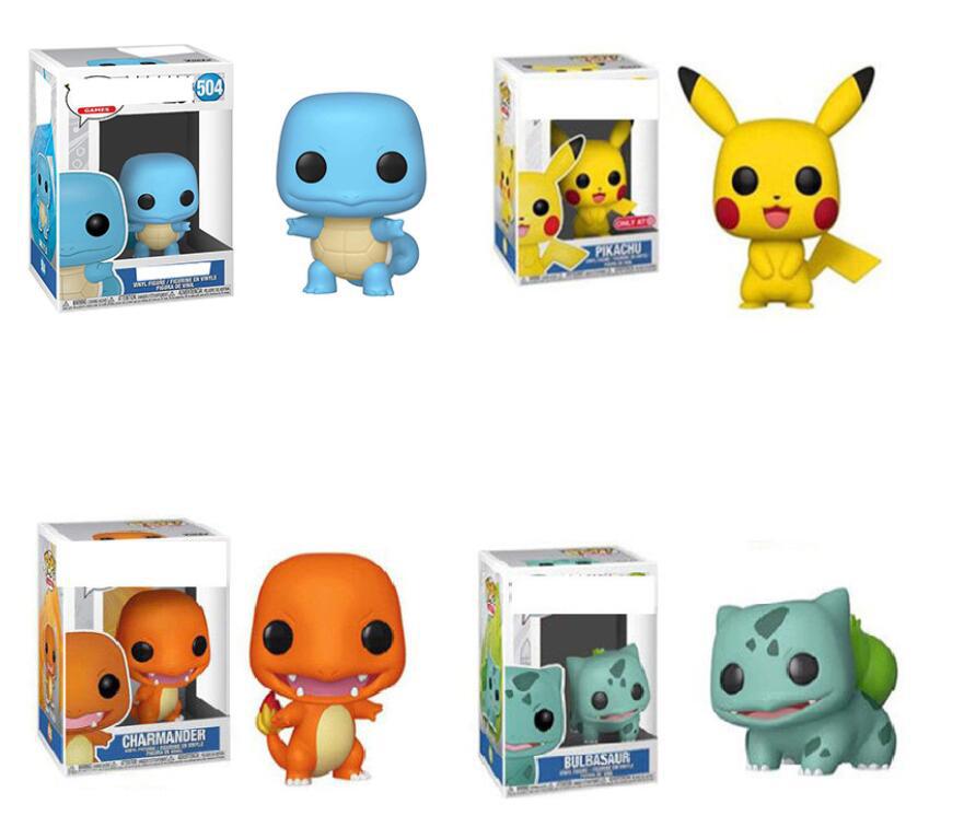 Four colorful cartoon figure toys, including a blue turtle, yellow mouse, orange lizard, and green dinosaur.