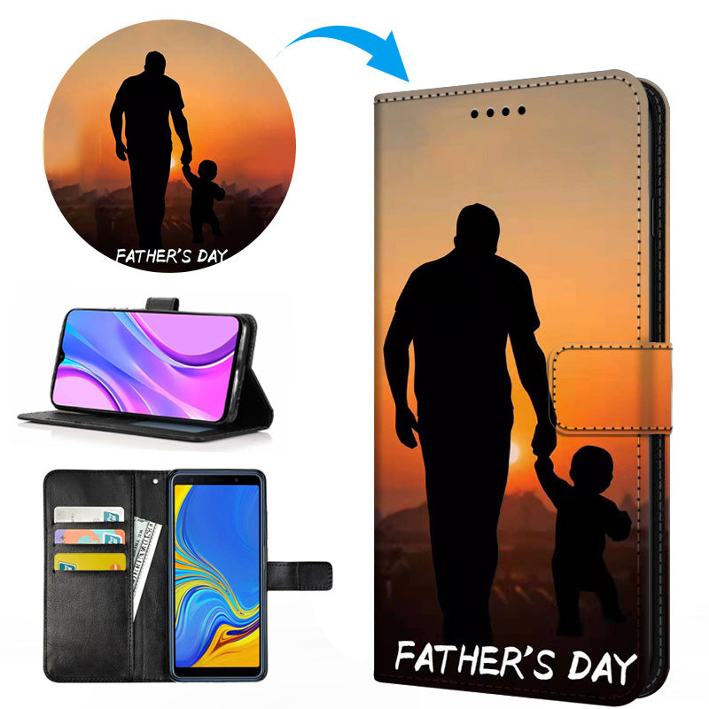 Silhouette of father and child holding hands at sunset on a phone case with "Father&