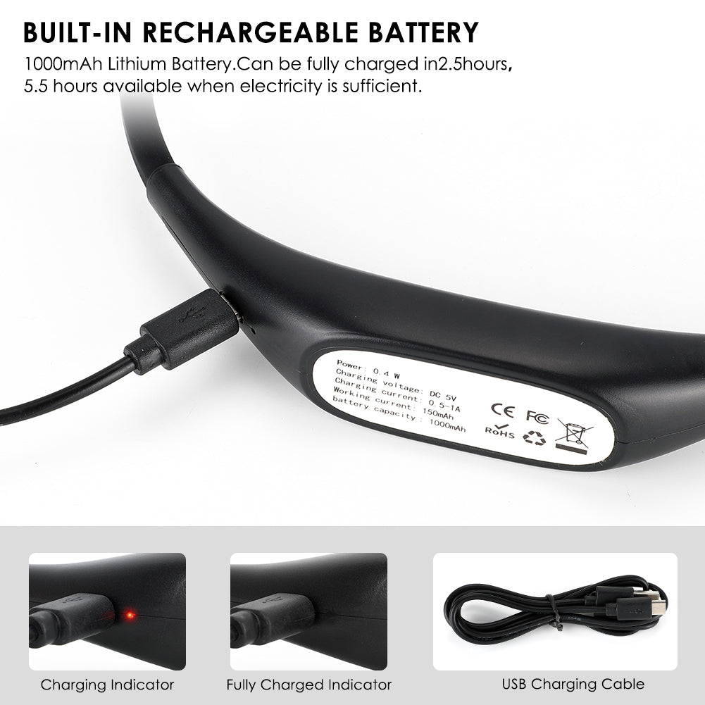 Black device with USB charging, red indicator, and battery specs. Includes charging cable.