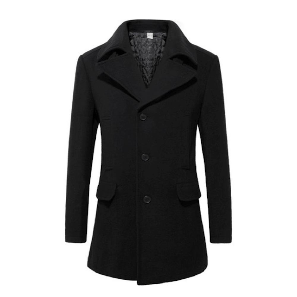 Black winter coat with wide lapels, three buttons, and two flap pockets against a white background.