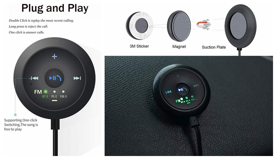 Round black Bluetooth FM transmitter with buttons and LED display, suction mount shown.