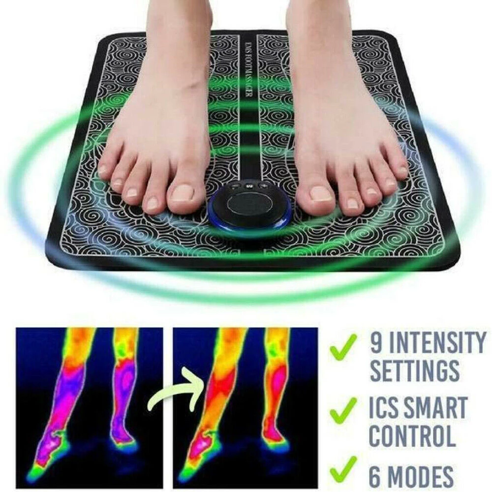 Feet on a patterned foot mat with glowing green edges, showing thermal images and settings text.