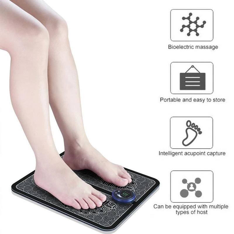 Feet on a black patterned massage pad; features include bioelectric massage and acupoint capture.