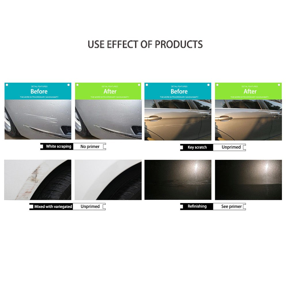 Comparison of car panels before and after repair, showing scratch removal and refinishing results.