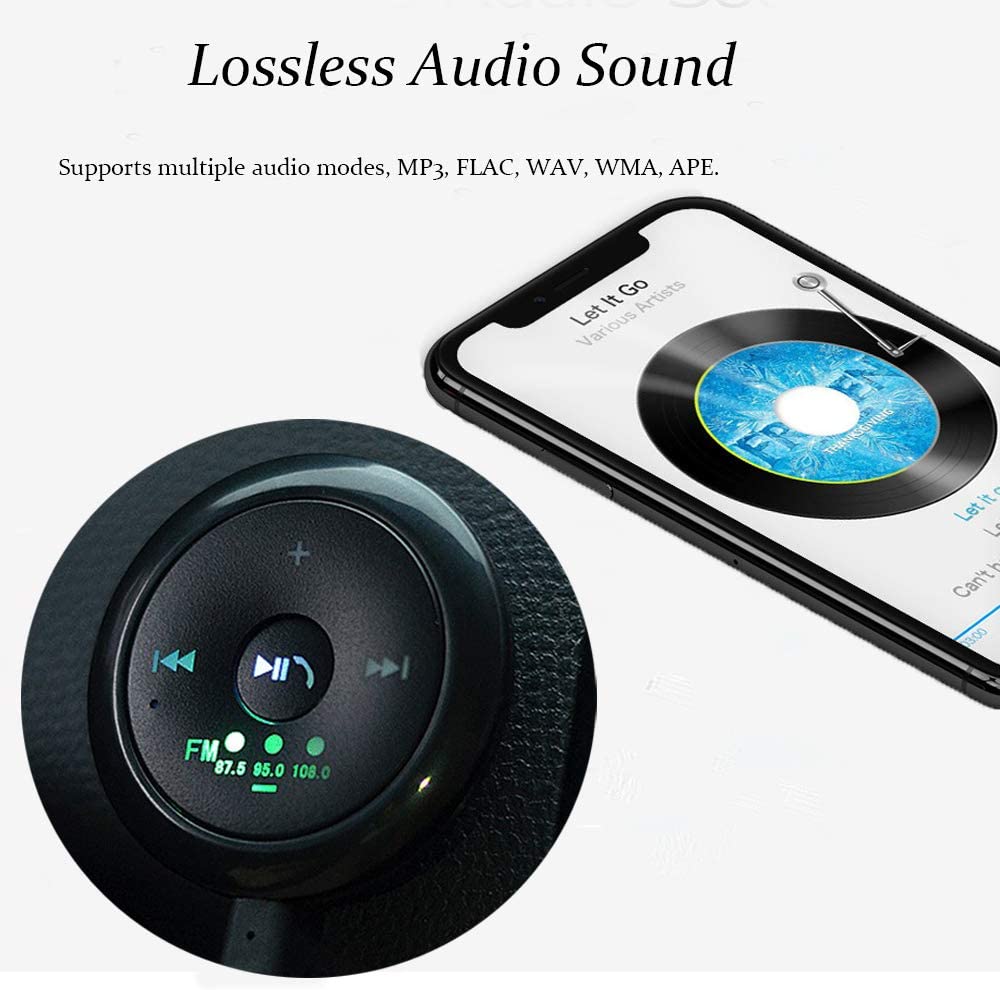 Black audio control with green LED display, next to a smartphone showing a vinyl record image.