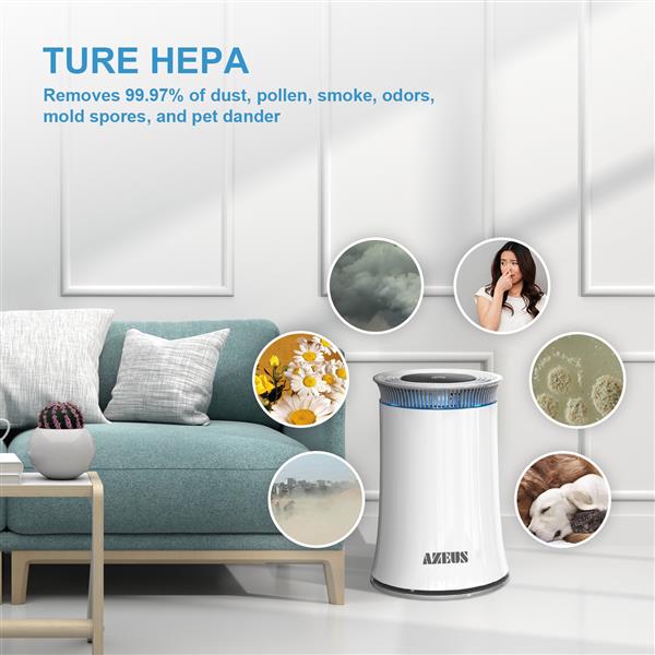 White air purifier with blue light beside a teal sofa, surrounded by icons of pollutants it removes.