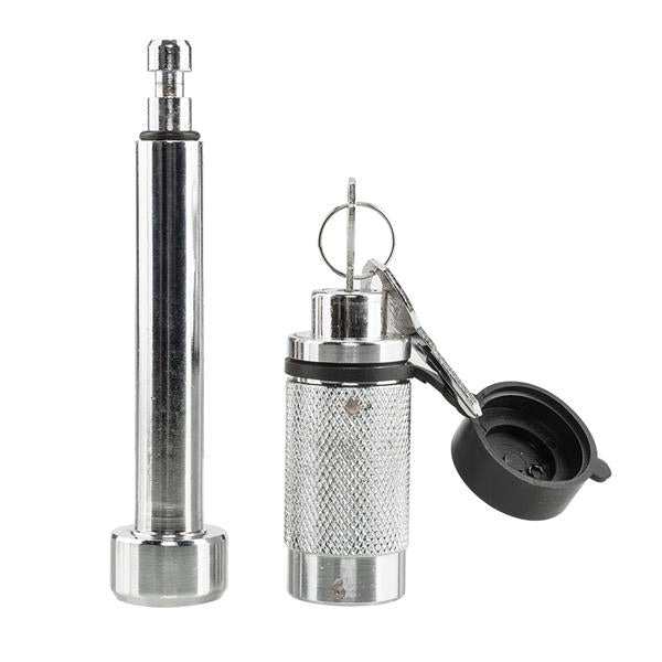 Two metal devices on a white background, one cylindrical and one textured with a black cap.