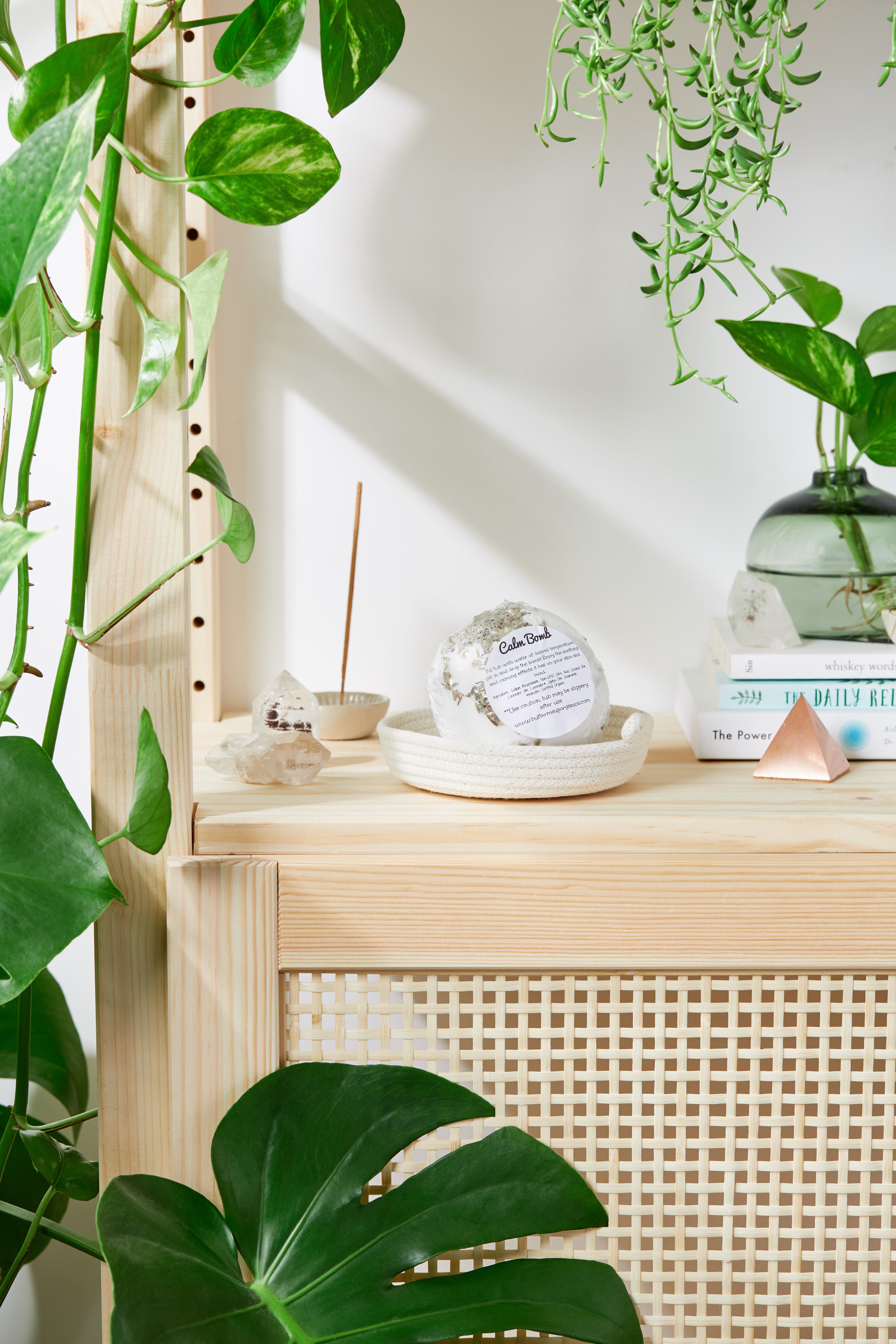 Wooden shelf with trailing green plants, a glass bottle, books, crystals, and a copper pyramid.