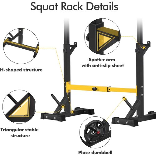 Squat rack with black and yellow features; H-shaped and triangular structures shown.