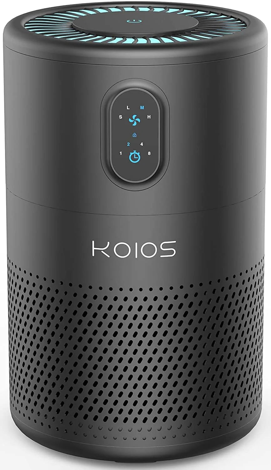 Black cylindrical air purifier with digital buttons and blue light accents on the top.