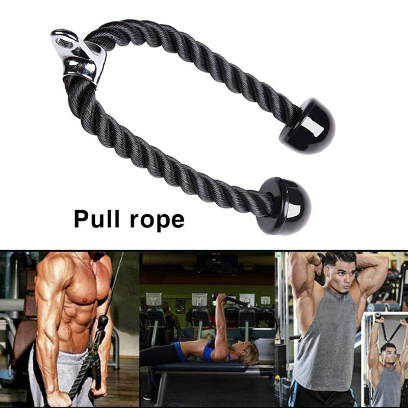 Black twisted rope with rubber ends, silver attachment, and gym images below.