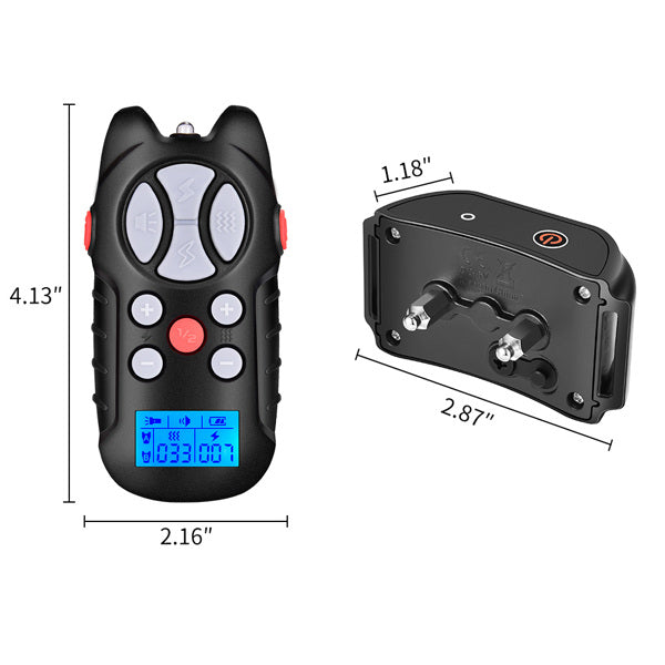 Black remote with blue screen, multiple buttons; collar device with dimensions shown.