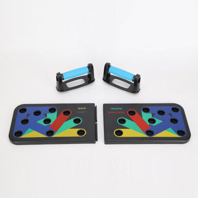 Two foldable black boards with colorful lines and two detachable blue handles on a white background.
