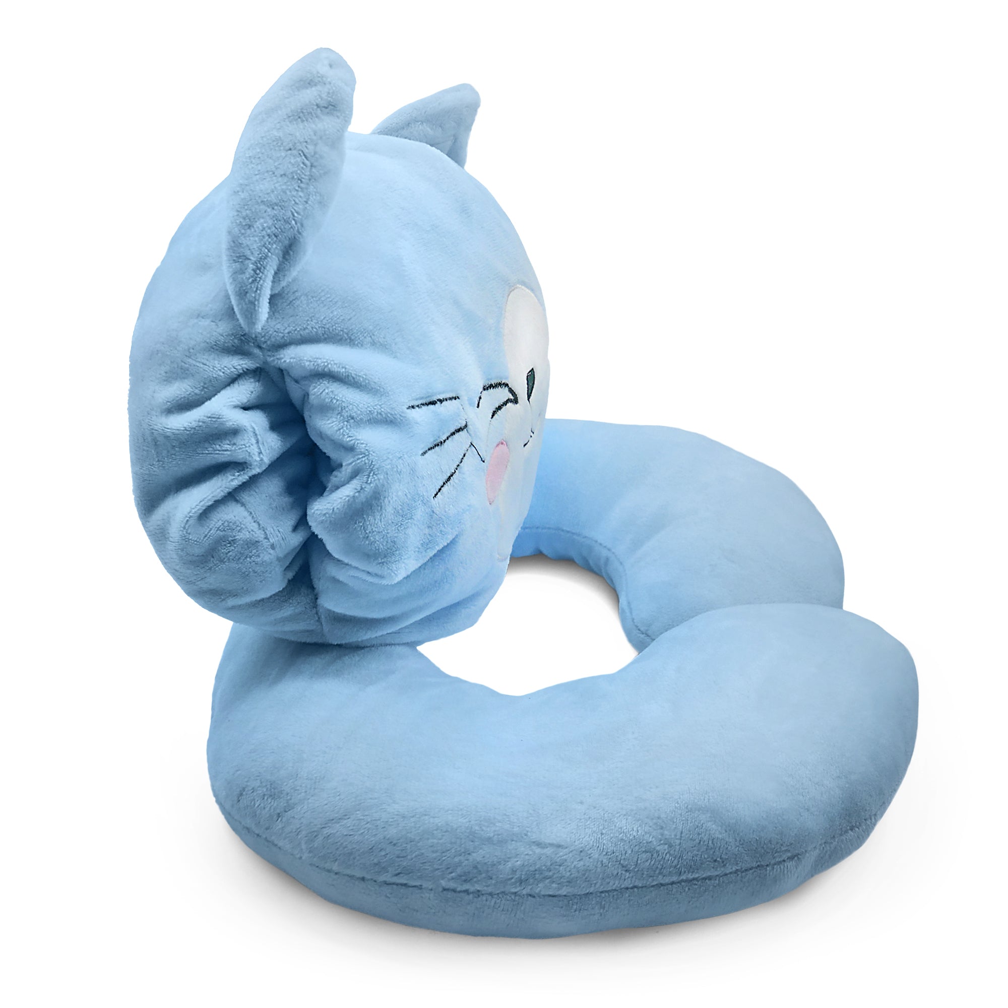 Light blue plush cat-shaped neck pillow with embroidered face and pointed ears.