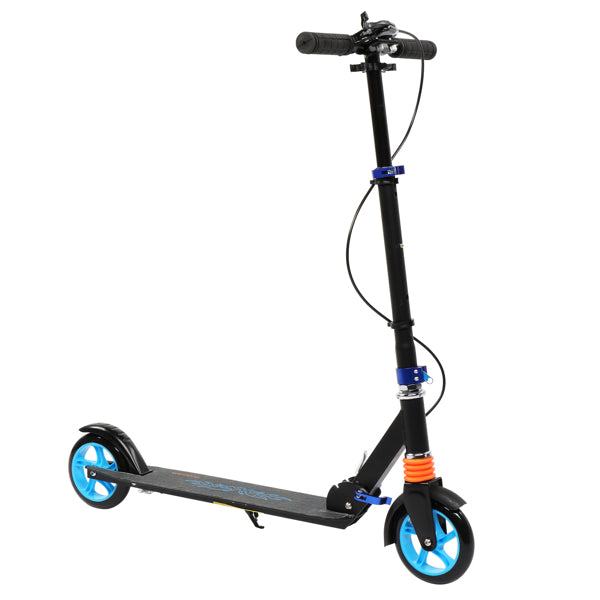 Black kick scooter with blue wheels, orange suspension, and adjustable handlebar on white background.