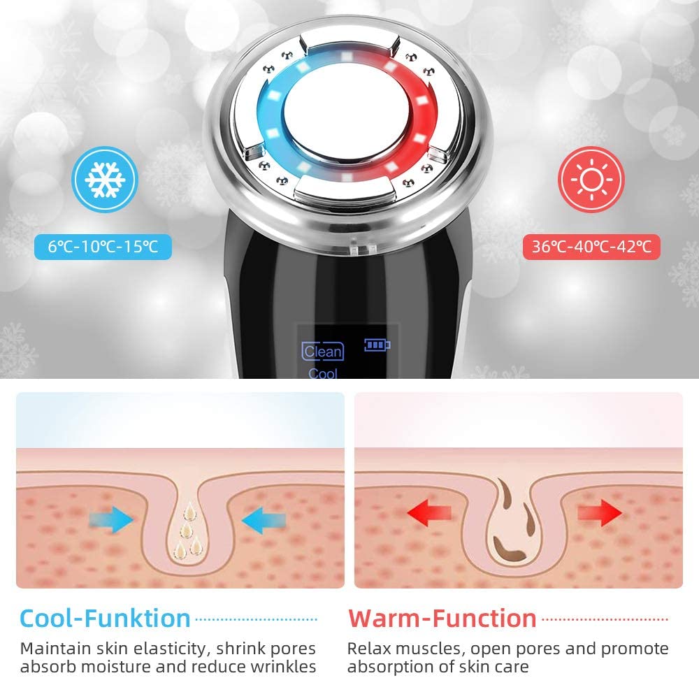 Facial device with temperature modes, blue for cooling and red for warming, showing skin effects.