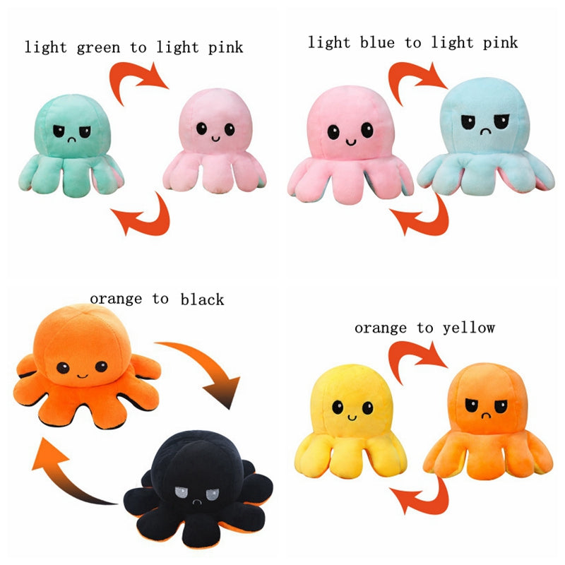 Plush octopus toys display color changes: green-pink, blue-pink, orange-black, orange-yellow.