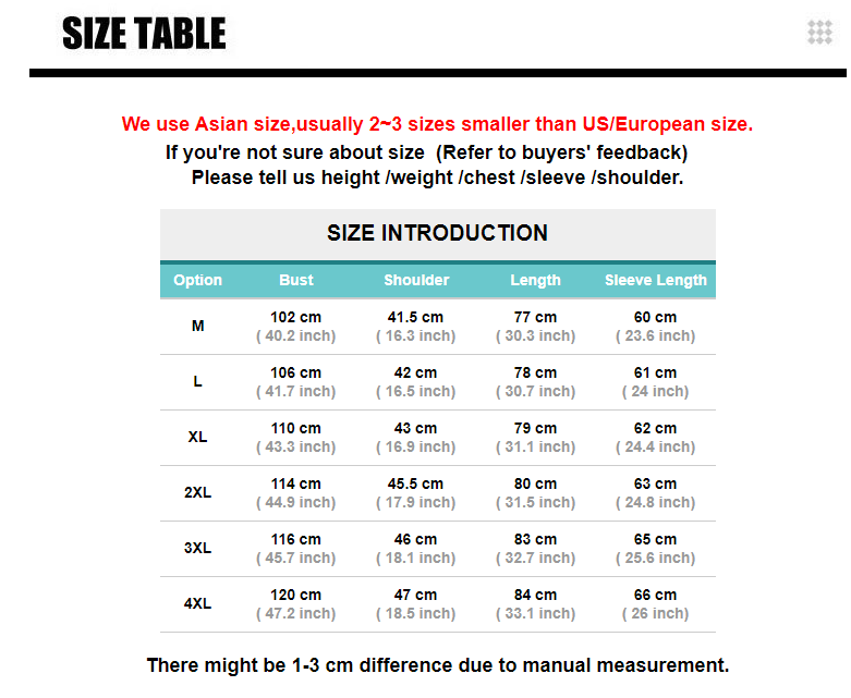 Size chart showing measurements in centimeters and inches for M to 4XL, with red and black text.