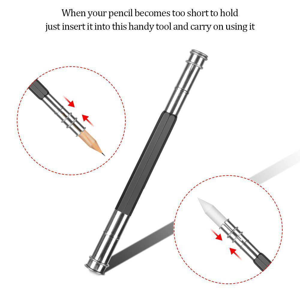Silver and black pencil extender with arrows indicating pencil insertion for extended use.